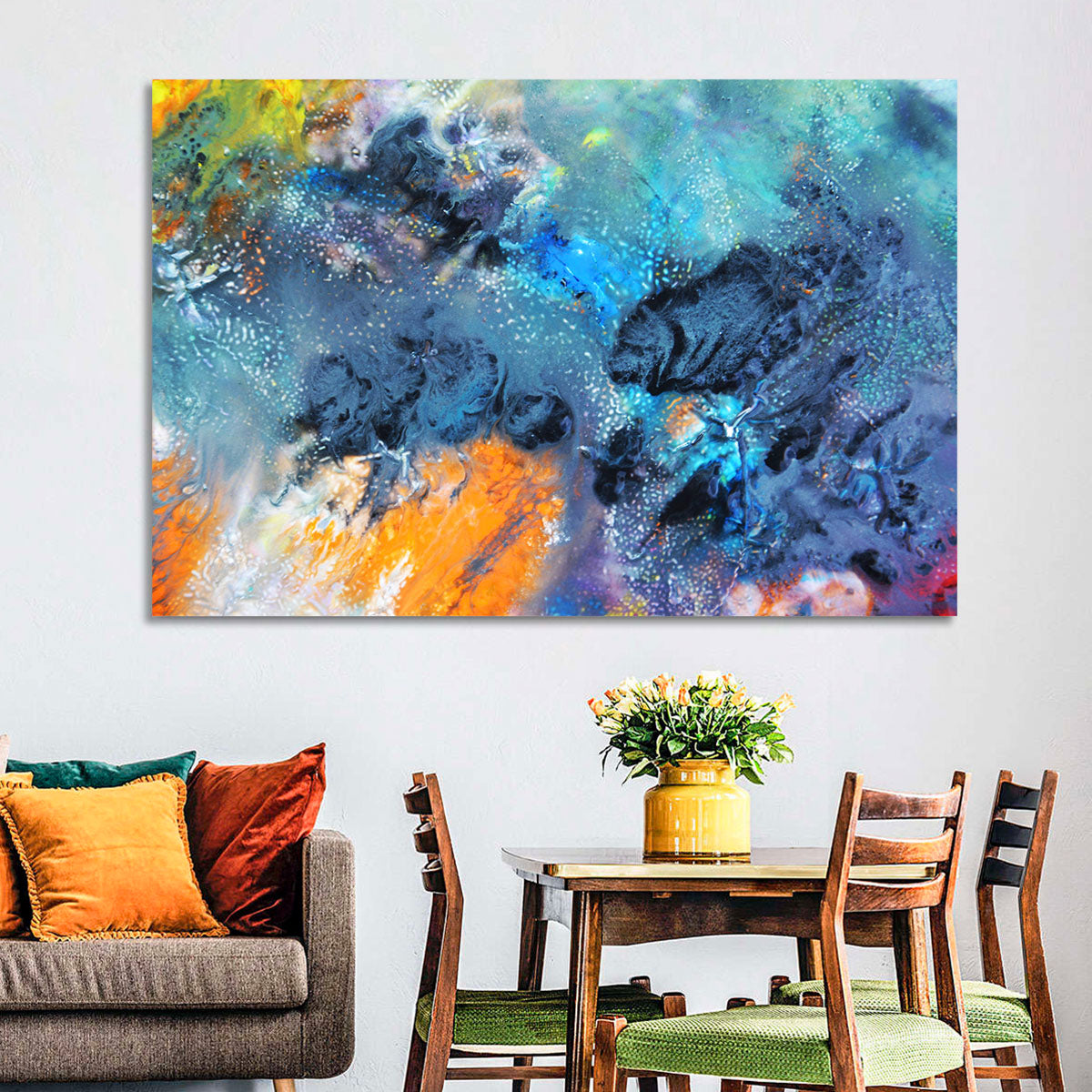 Vivid Icy Nebula Abstract Wall Art in a room, landscape