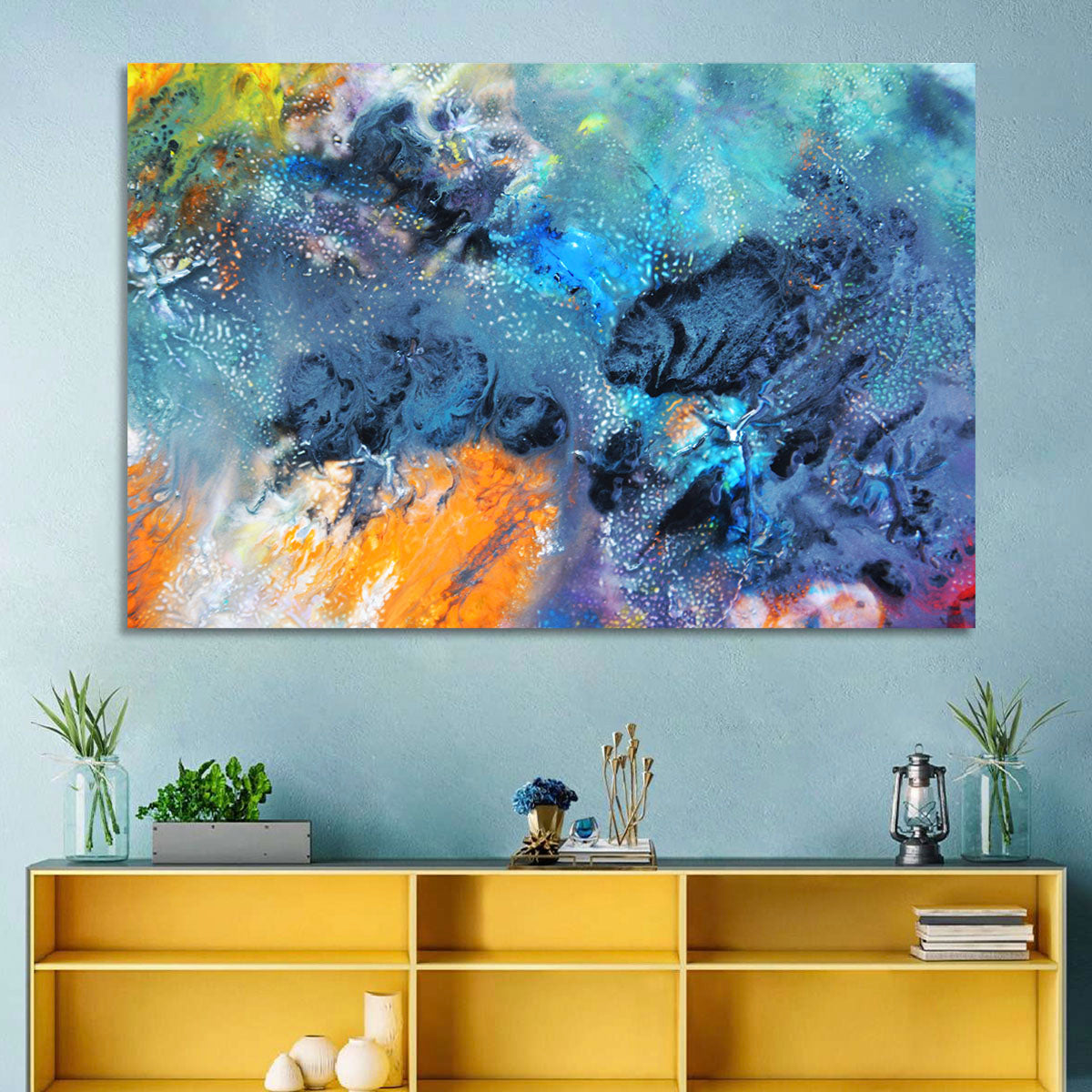 Vivid Icy Nebula Abstract Wall Art in a room, landscape