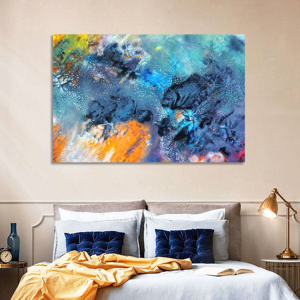 Vivid Icy Nebula Abstract Wall Art in a room, landscape