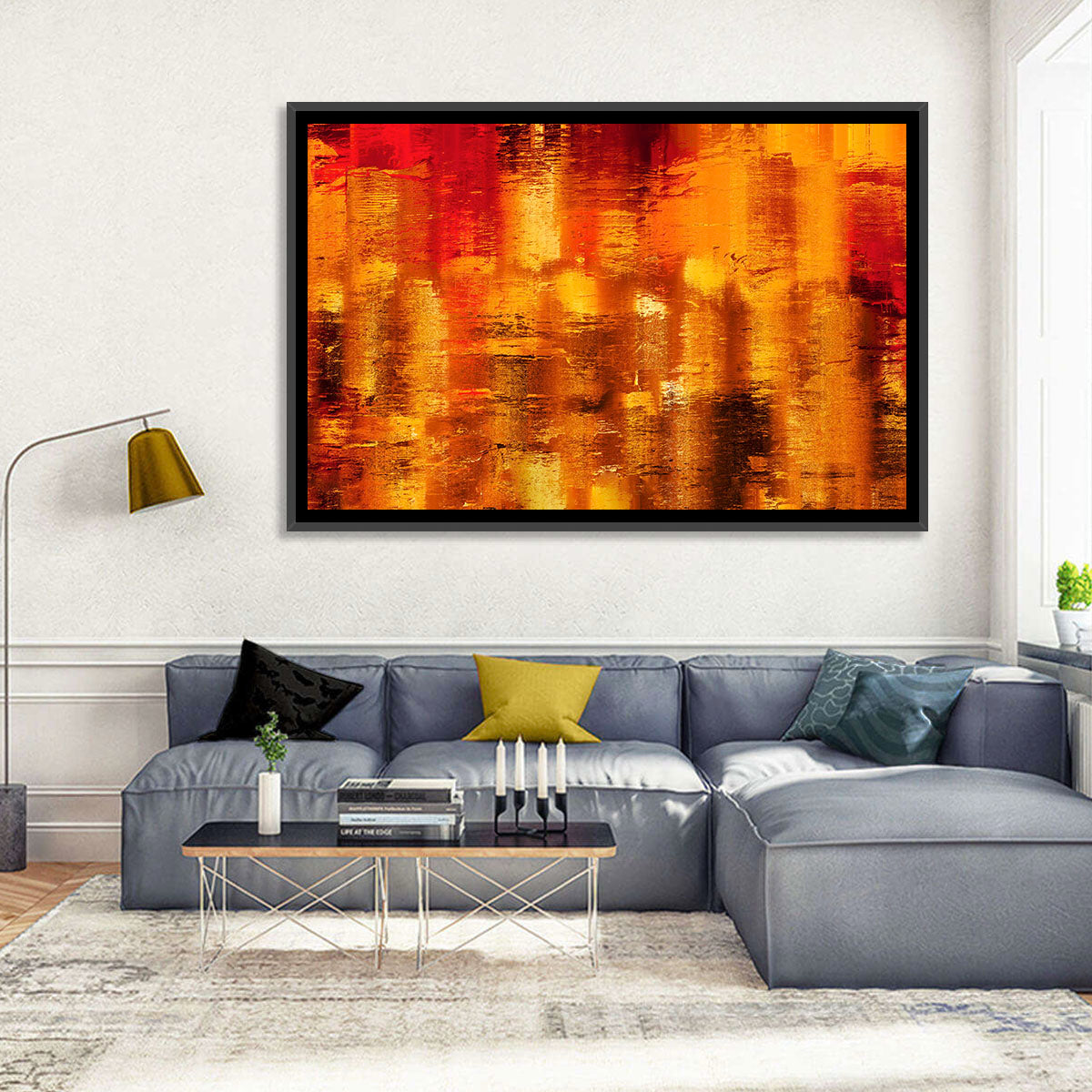 Golden Parallel Lines Abstract Wall Art in a room, landscape