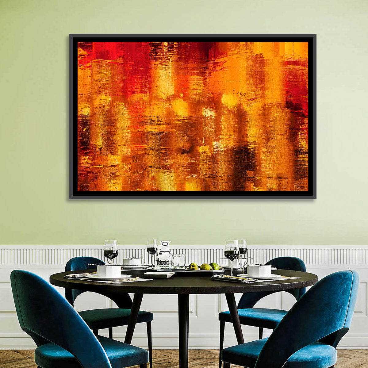 Golden Parallel Lines Abstract Wall Art in a room, landscape
