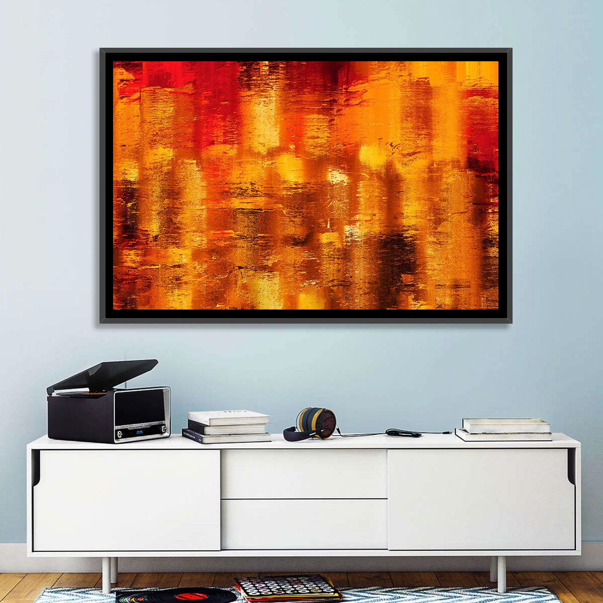 Golden Parallel Lines Abstract Wall Art in a room, landscape