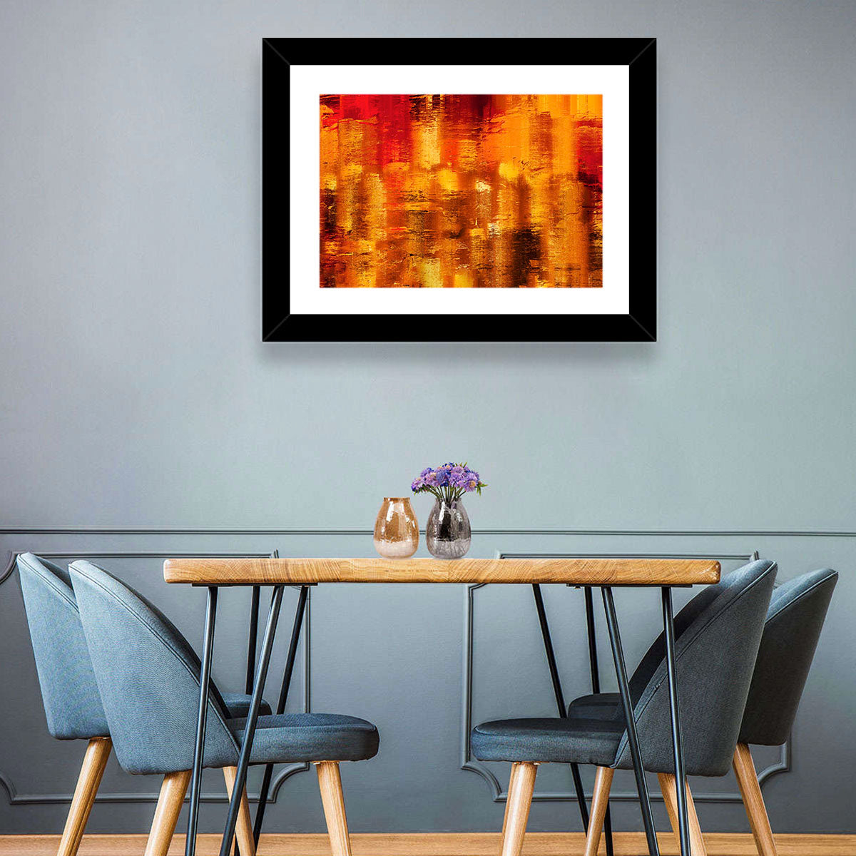 Golden Parallel Lines Abstract Wall Art in a room, landscape
