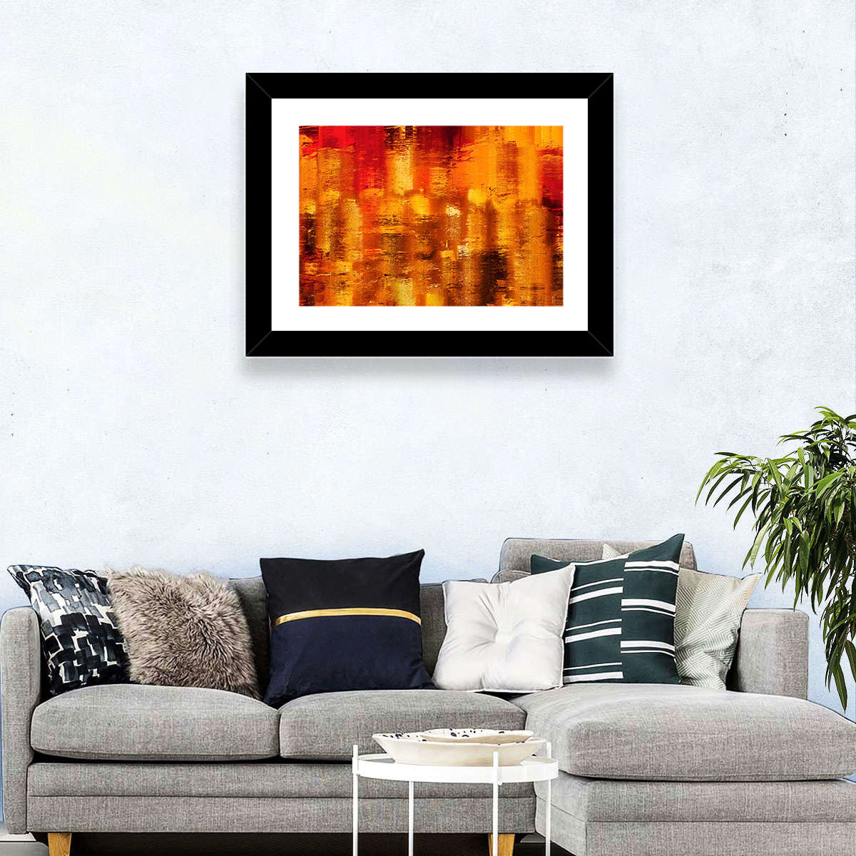 Golden Parallel Lines Abstract Wall Art in a room, landscape