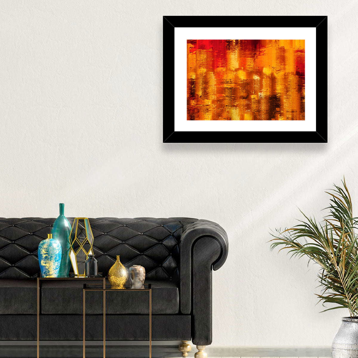 Golden Parallel Lines Abstract Wall Art in a room, landscape