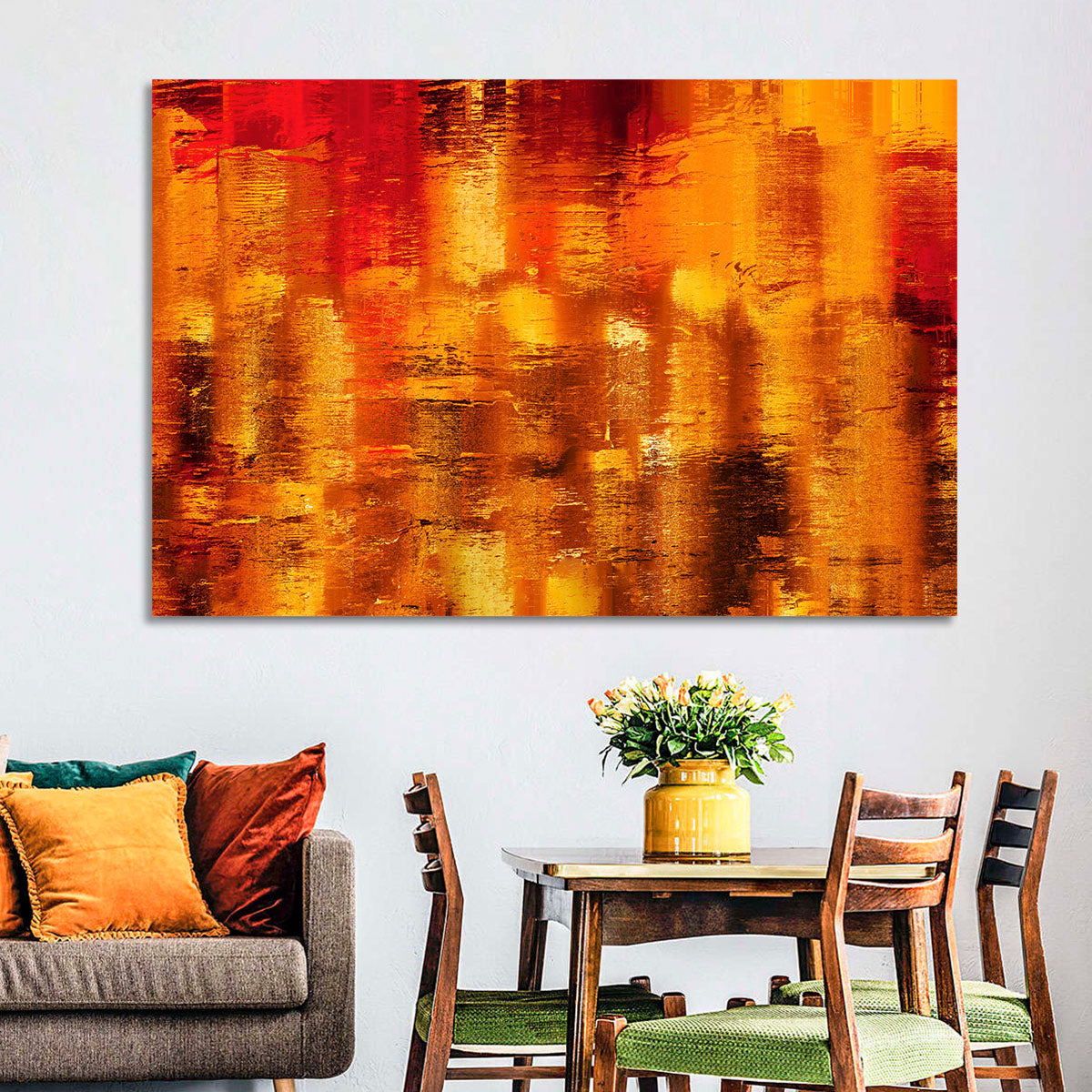Golden Parallel Lines Abstract Wall Art in a room, landscape