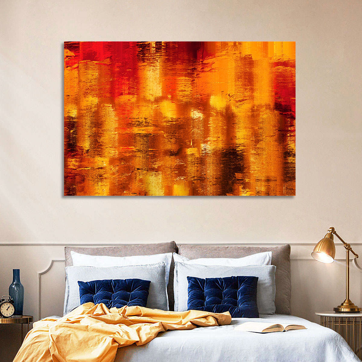 Golden Parallel Lines Abstract Wall Art in a room, landscape