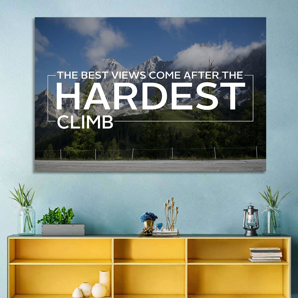Snow Capped Peaks with Motivational Quote Wall Art in a room, landscape