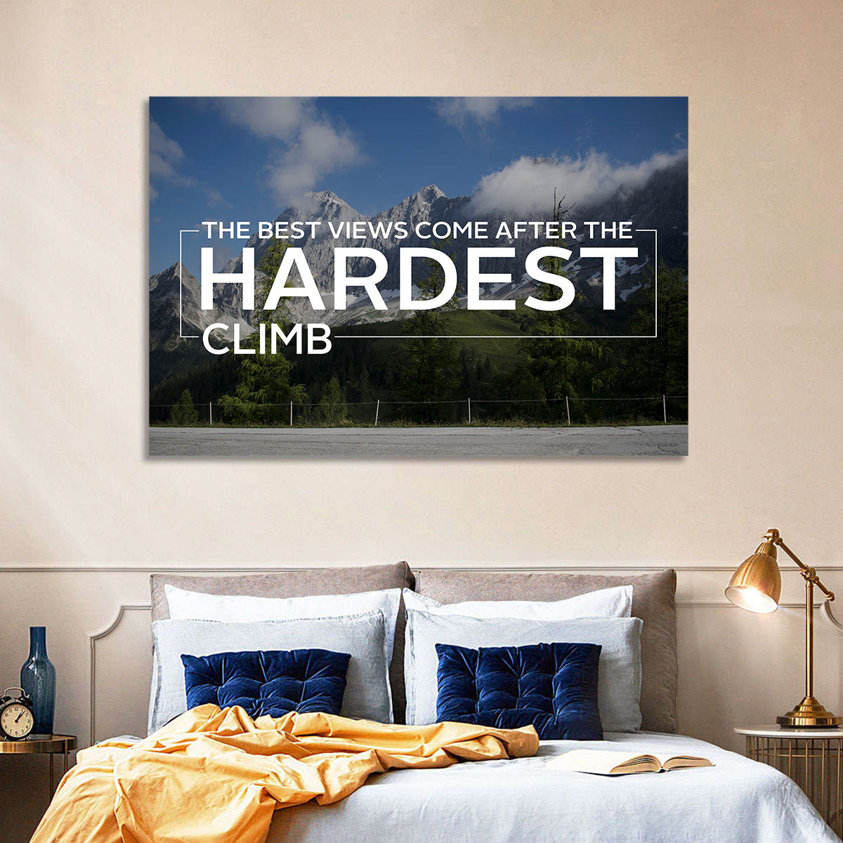 Snow Capped Peaks with Motivational Quote Wall Art in a room, landscape