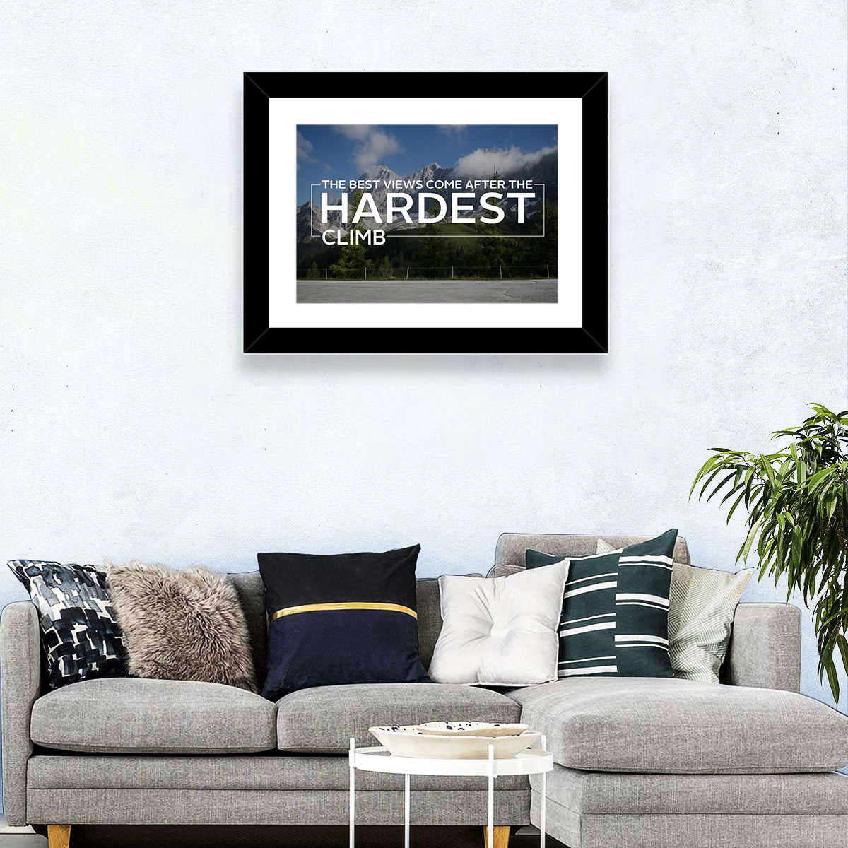 Snow Capped Peaks with Motivational Quote Wall Art in a room, landscape