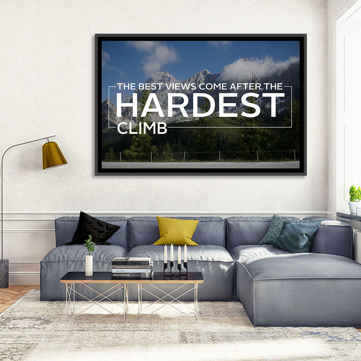 Snow Capped Peaks with Motivational Quote Wall Art in a room, landscape