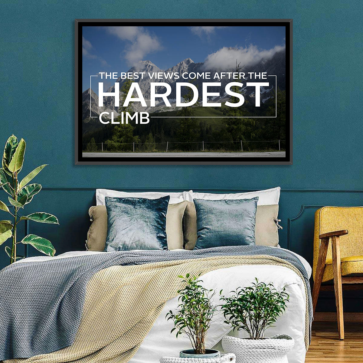 Snow Capped Peaks with Motivational Quote Wall Art in a room, landscape
