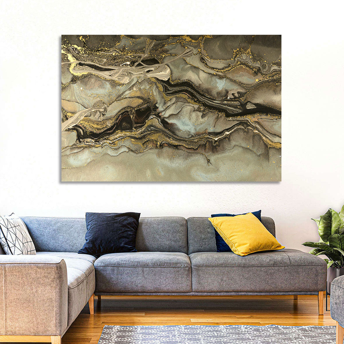 Golden Marbled Texture Wall Art in a room, landscape