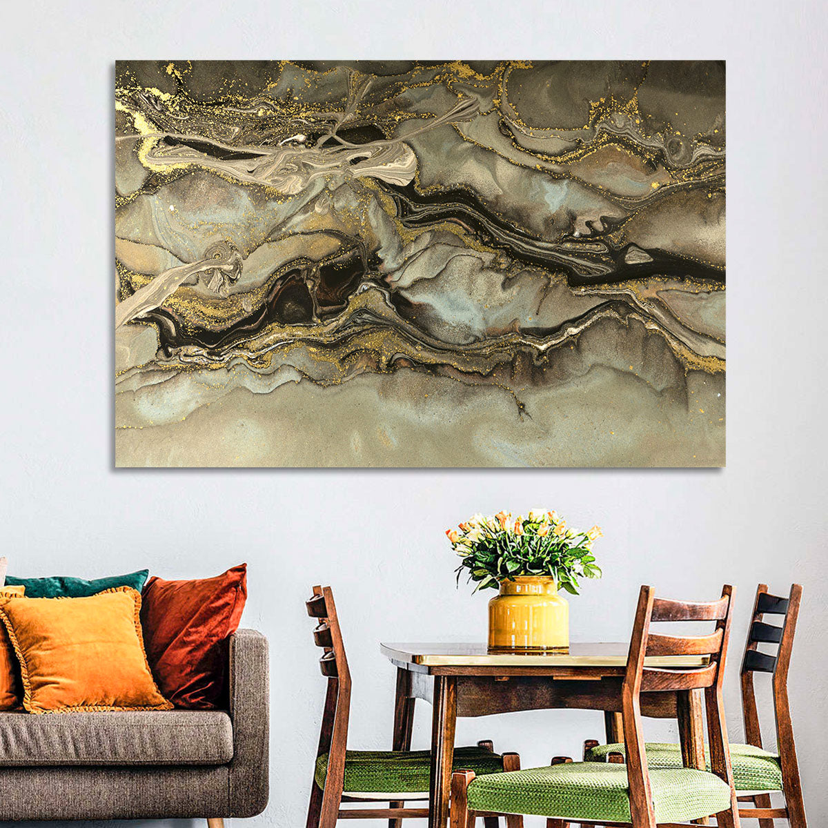 Golden Marbled Texture Wall Art in a room, landscape