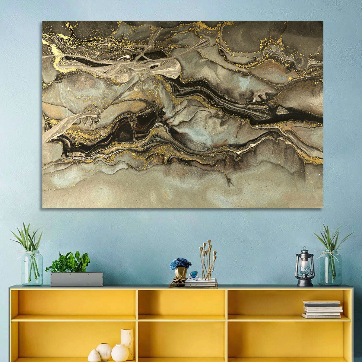 Golden Marbled Texture Wall Art in a room, landscape