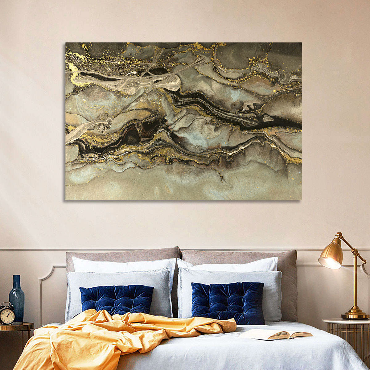 Golden Marbled Texture Wall Art in a room, landscape