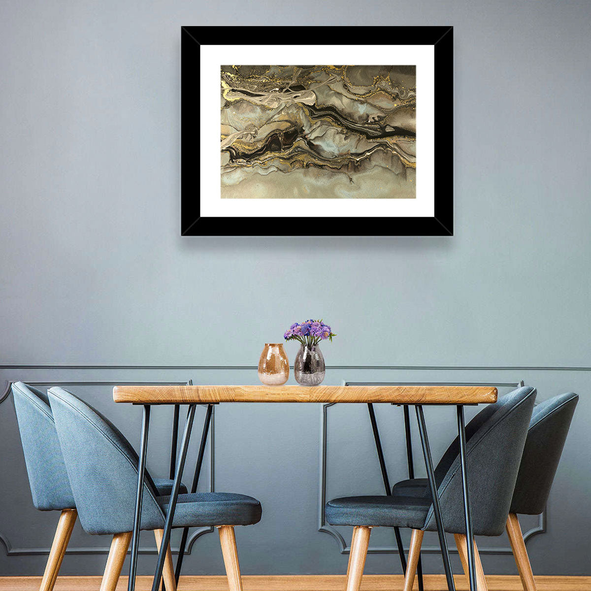 Golden Marbled Texture Wall Art in a room, landscape