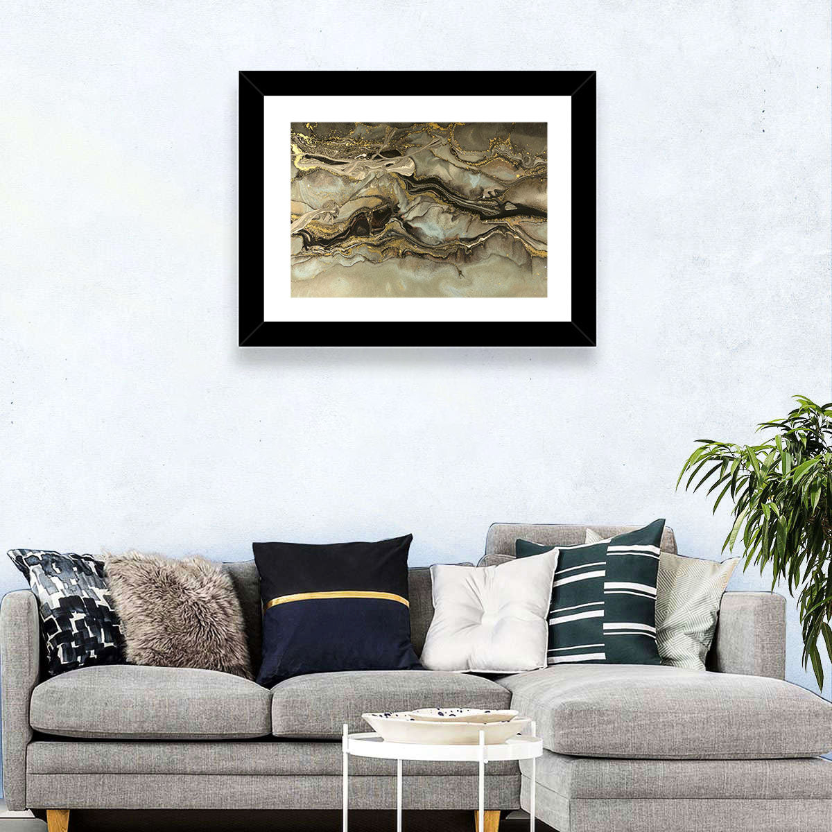 Golden Marbled Texture Wall Art in a room, landscape