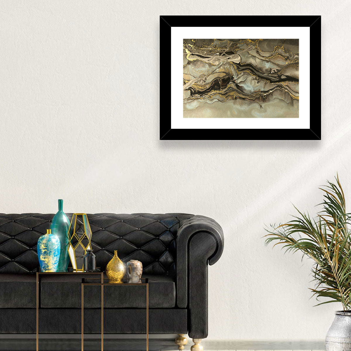 Golden Marbled Texture Wall Art in a room, landscape