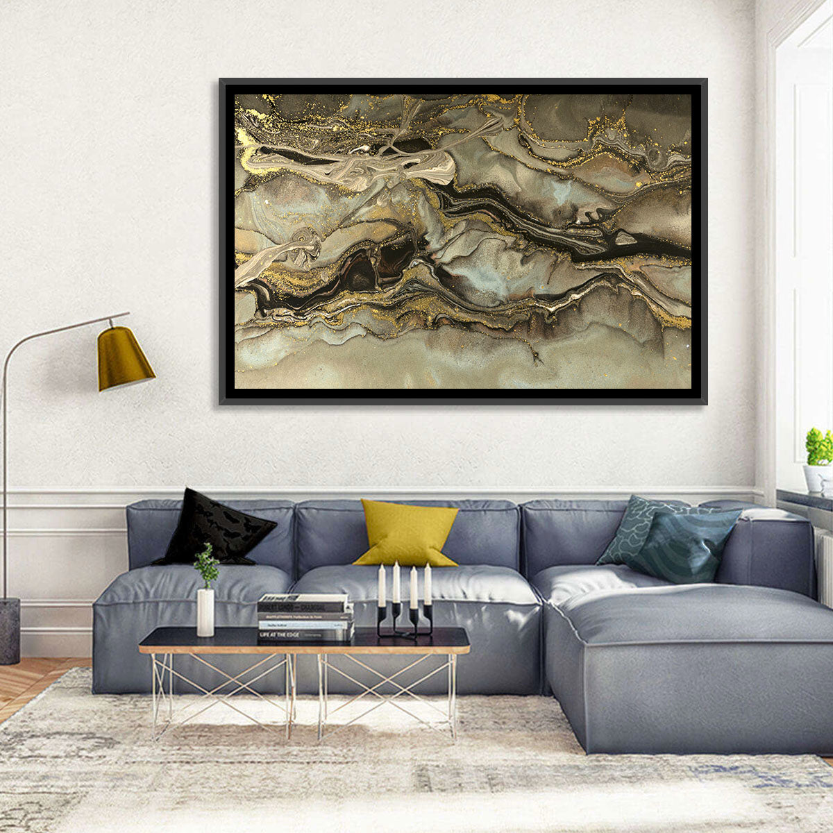 Golden Marbled Texture Wall Art in a room, landscape