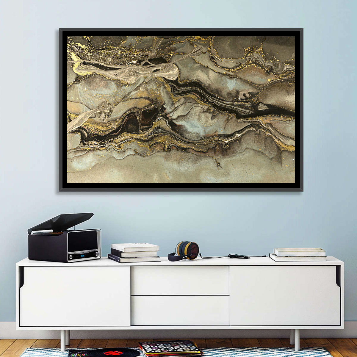 Golden Marbled Texture Wall Art in a room, landscape