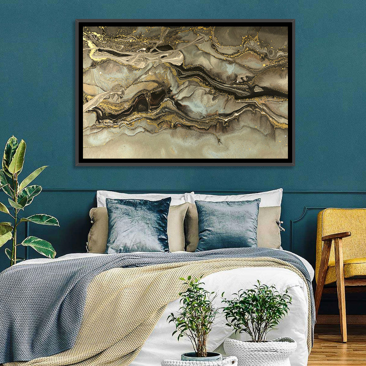 Golden Marbled Texture Wall Art in a room, landscape