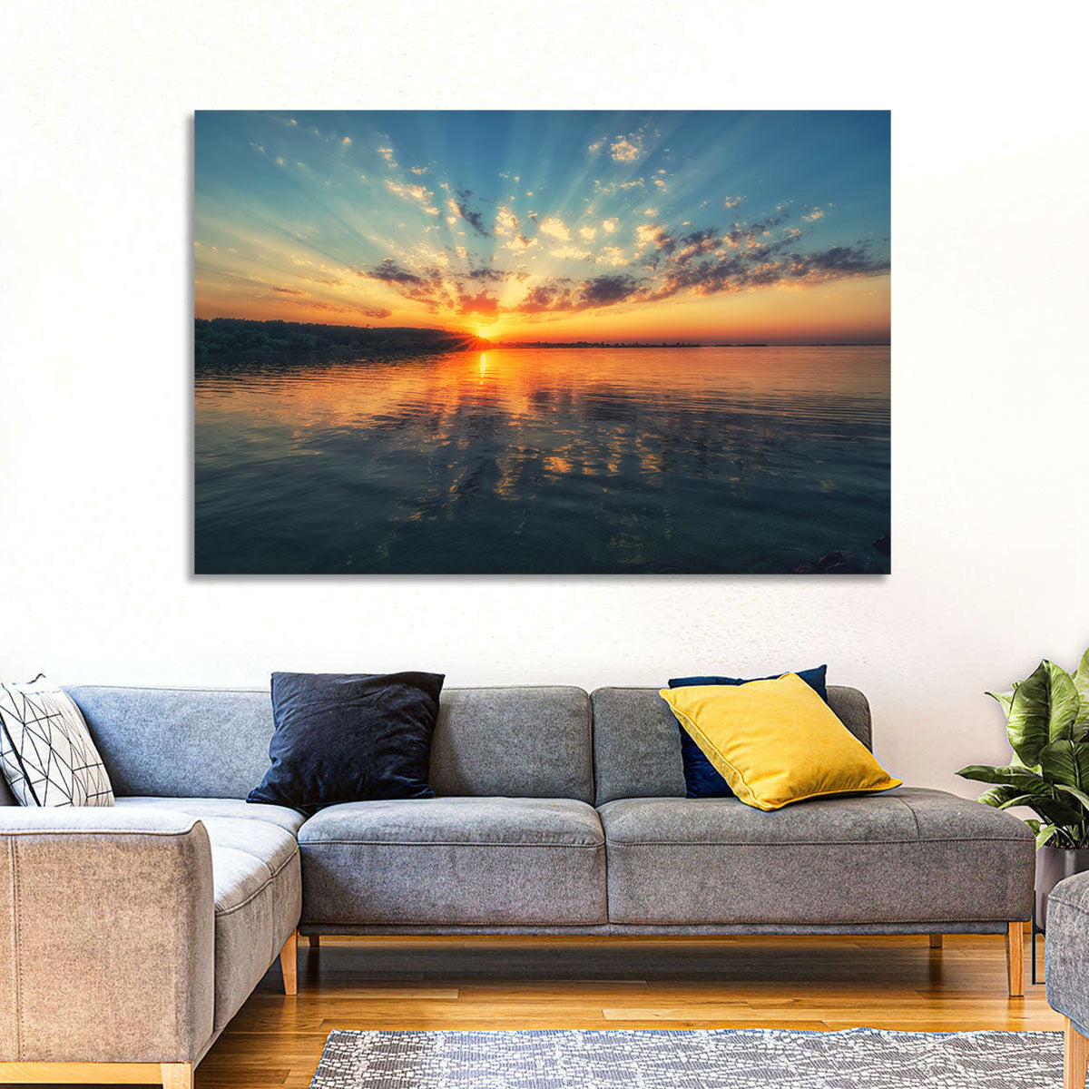 Sunburst Over River Wall Art in a room, landscape
