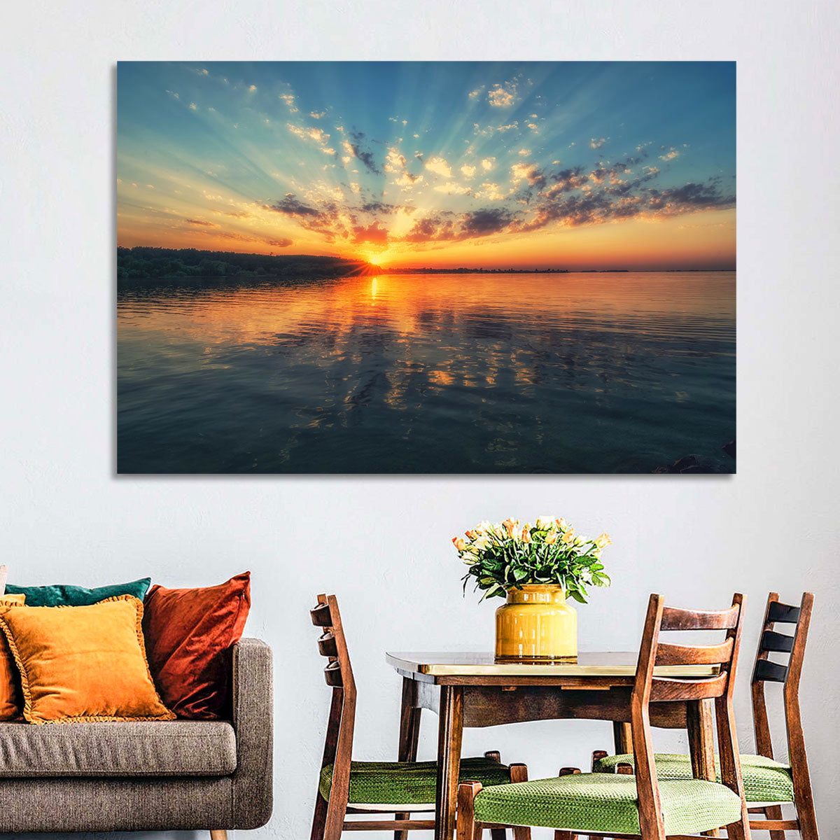 Sunburst Over River Wall Art in a room, landscape