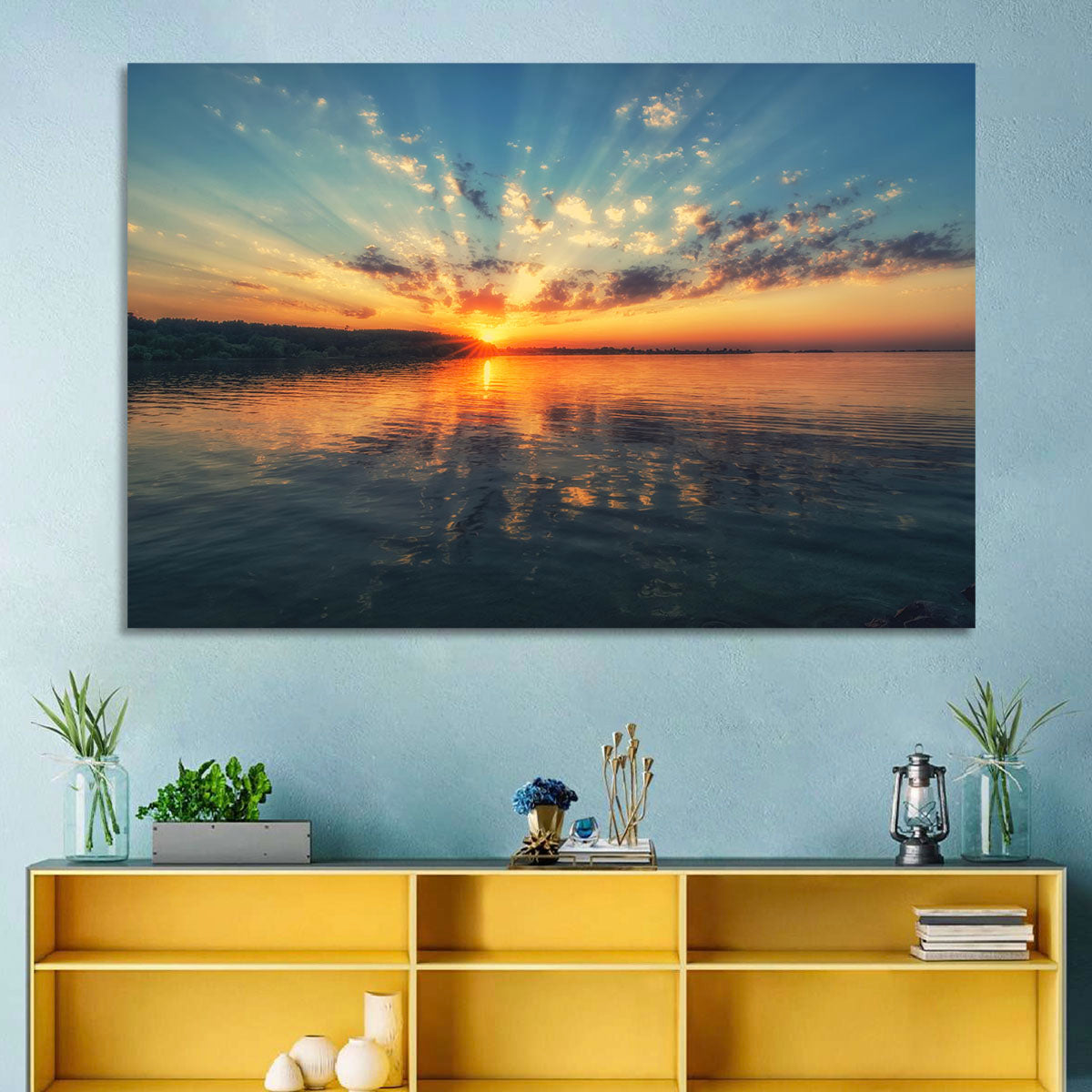 Sunburst Over River Wall Art in a room, landscape