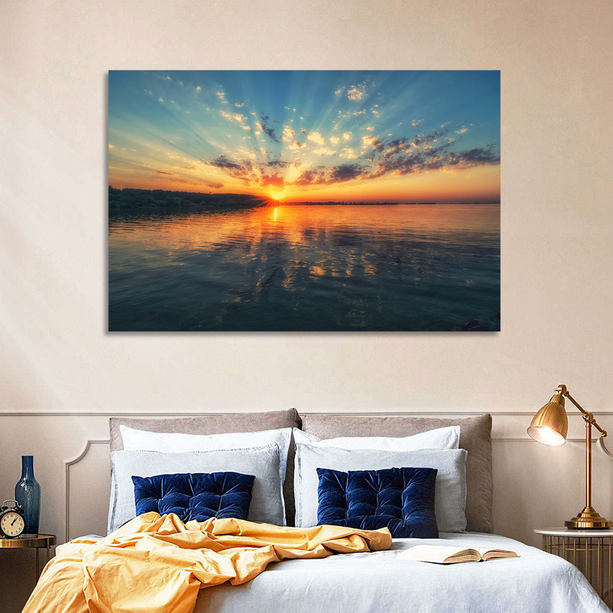 Sunburst Over River Wall Art in a room, landscape