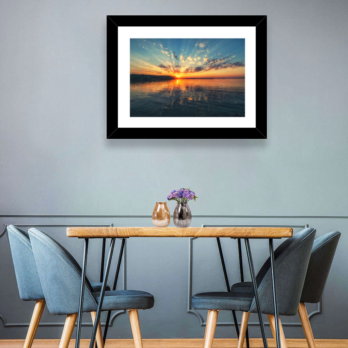 Sunburst Over River Wall Art in a room, landscape