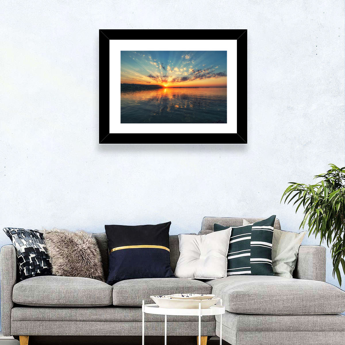 Sunburst Over River Wall Art in a room, landscape