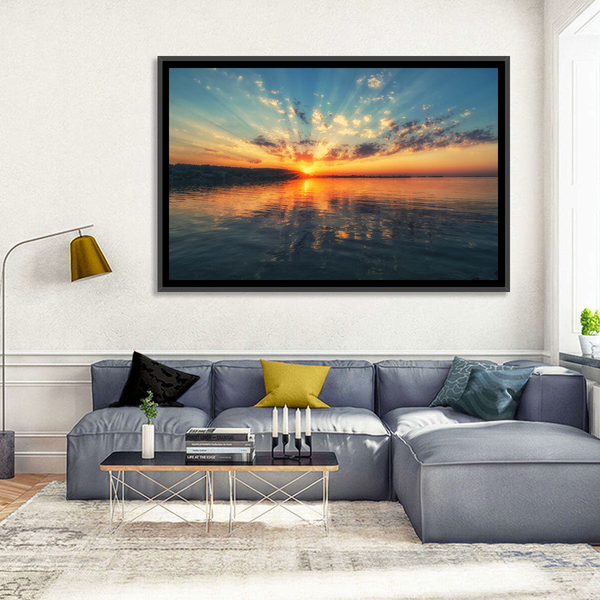 Sunburst Over River Wall Art in a room, landscape