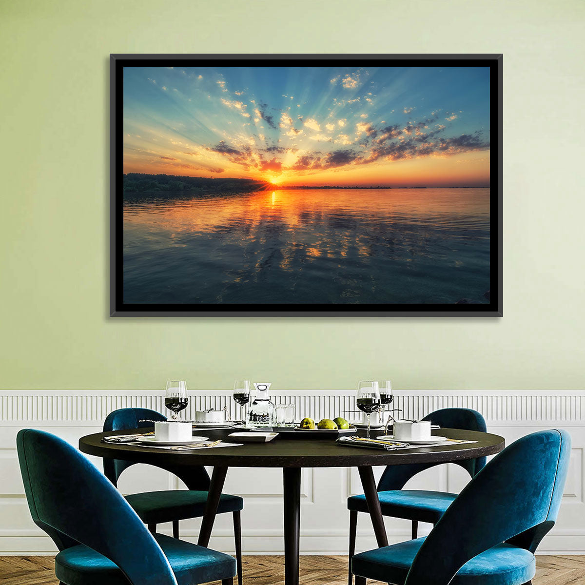 Sunburst Over River Wall Art in a room, landscape