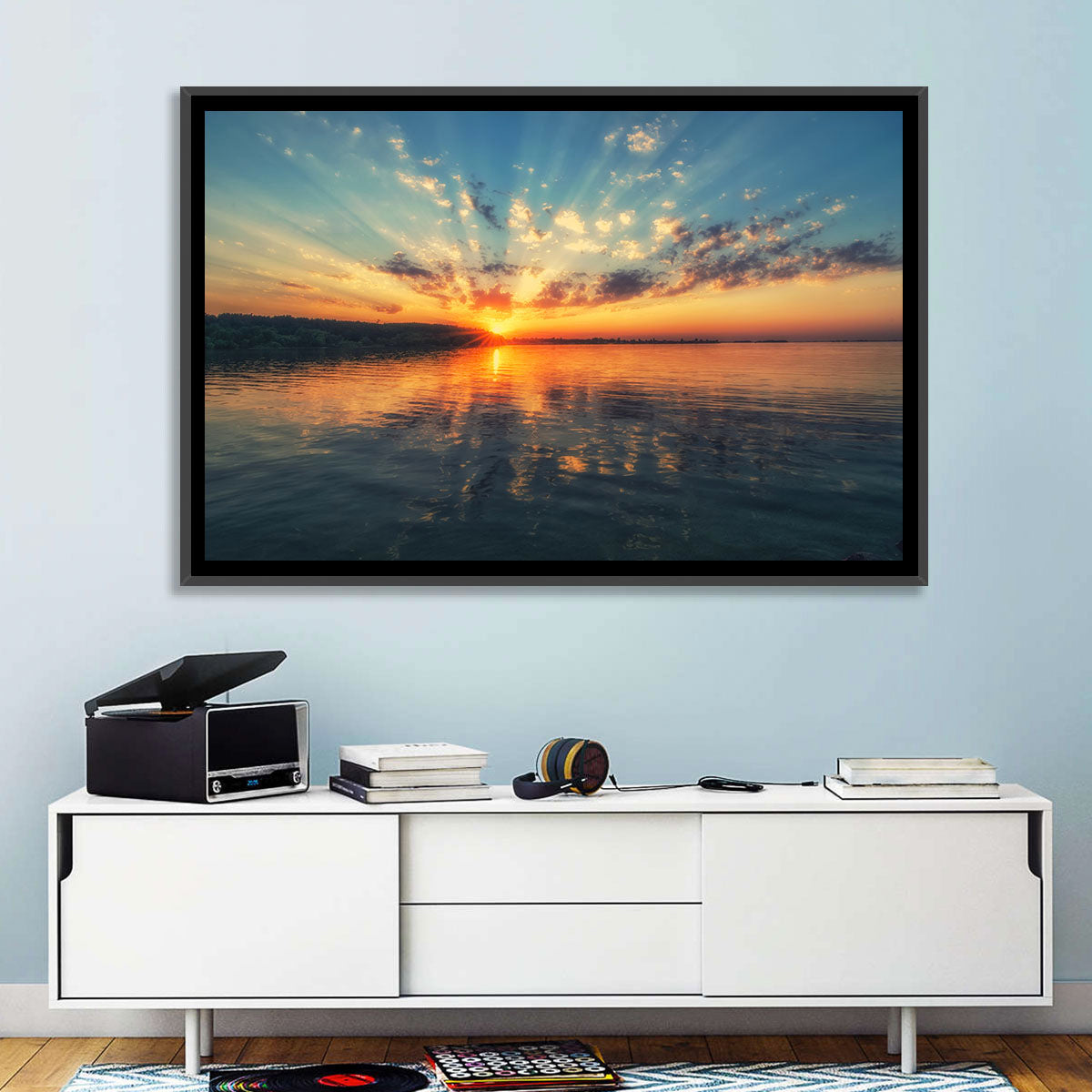 Sunburst Over River Wall Art in a room, landscape