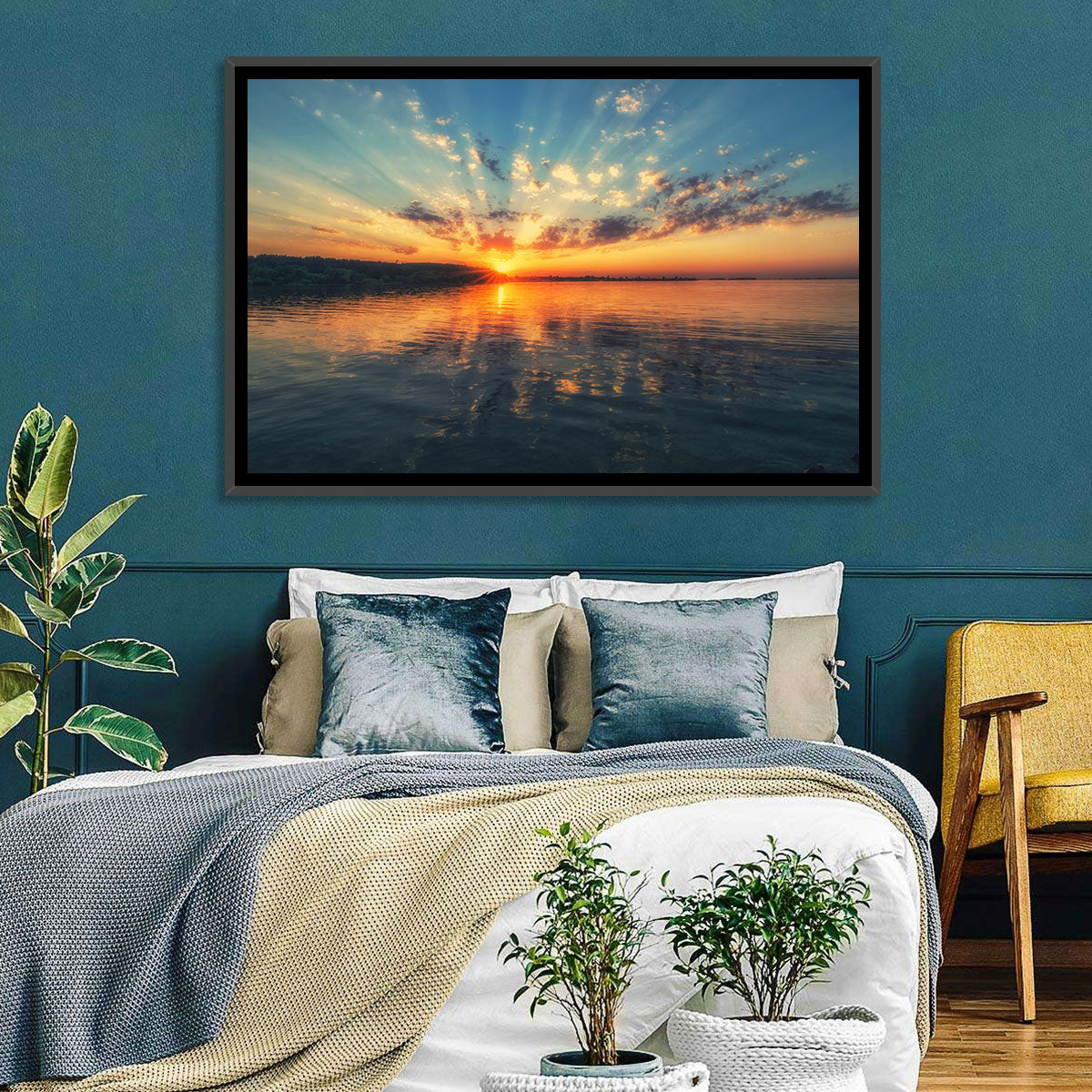 Sunburst Over River Wall Art in a room, landscape