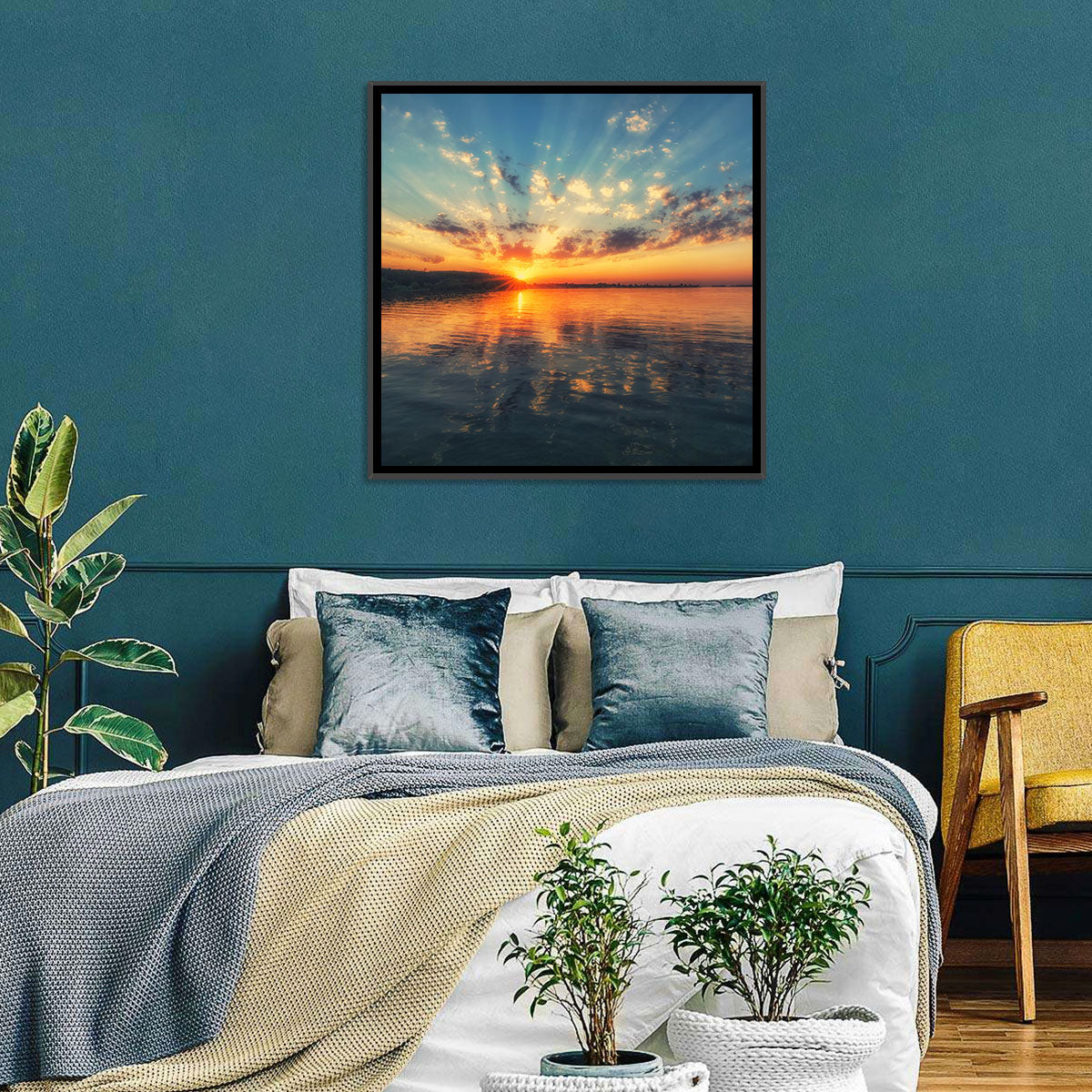 Sunburst Over River Wall Art in a room, landscape