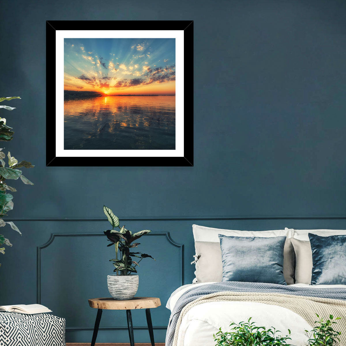 Sunburst Over River Wall Art in a room, landscape
