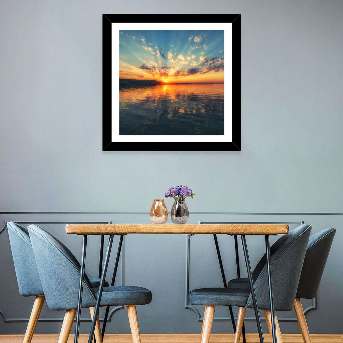 Sunburst Over River Wall Art in a room, landscape