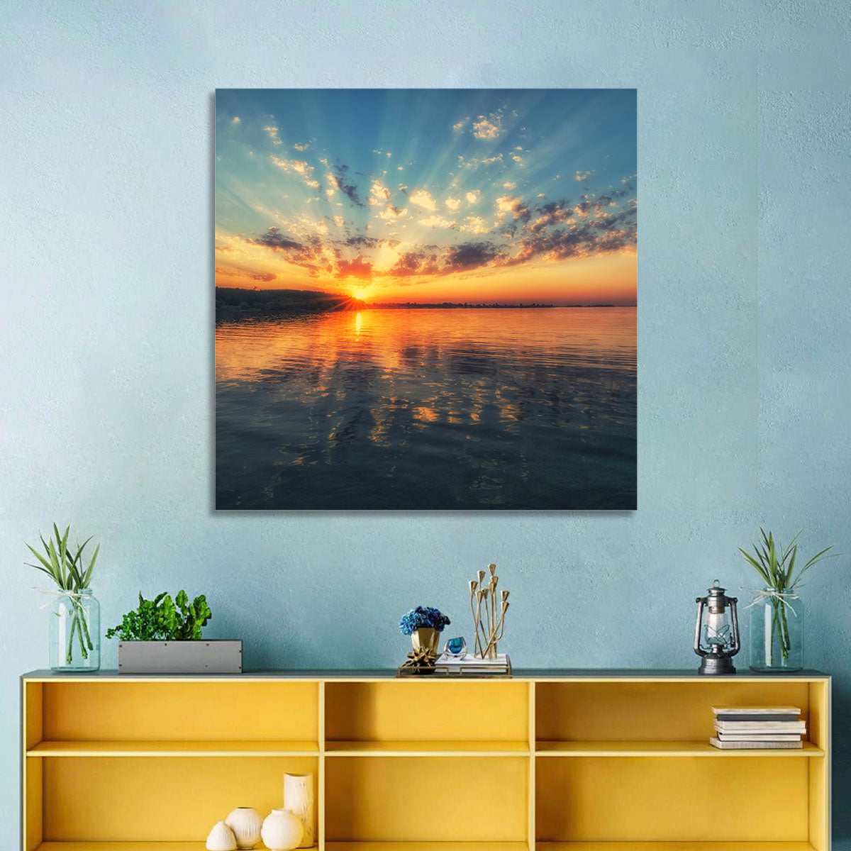 Sunburst Over River Wall Art in a room, landscape
