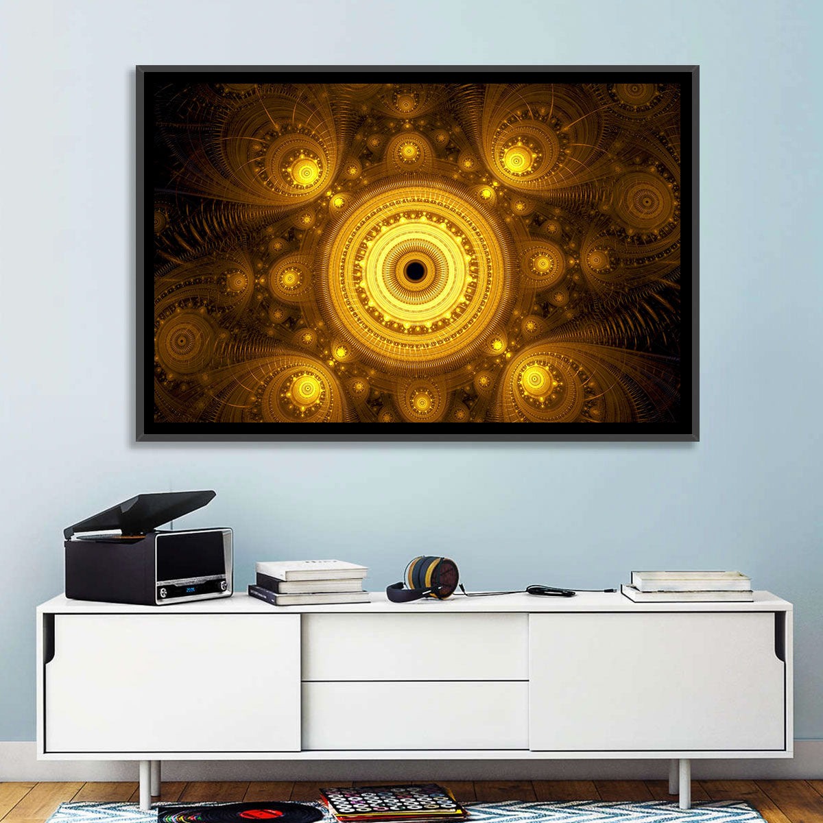 Golden Fractal Mandala Wall Art in a room, landscape