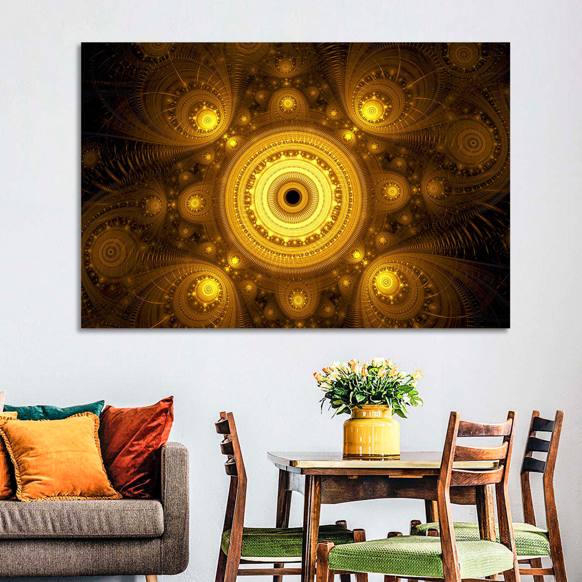 Golden Fractal Mandala Wall Art in a room, landscape