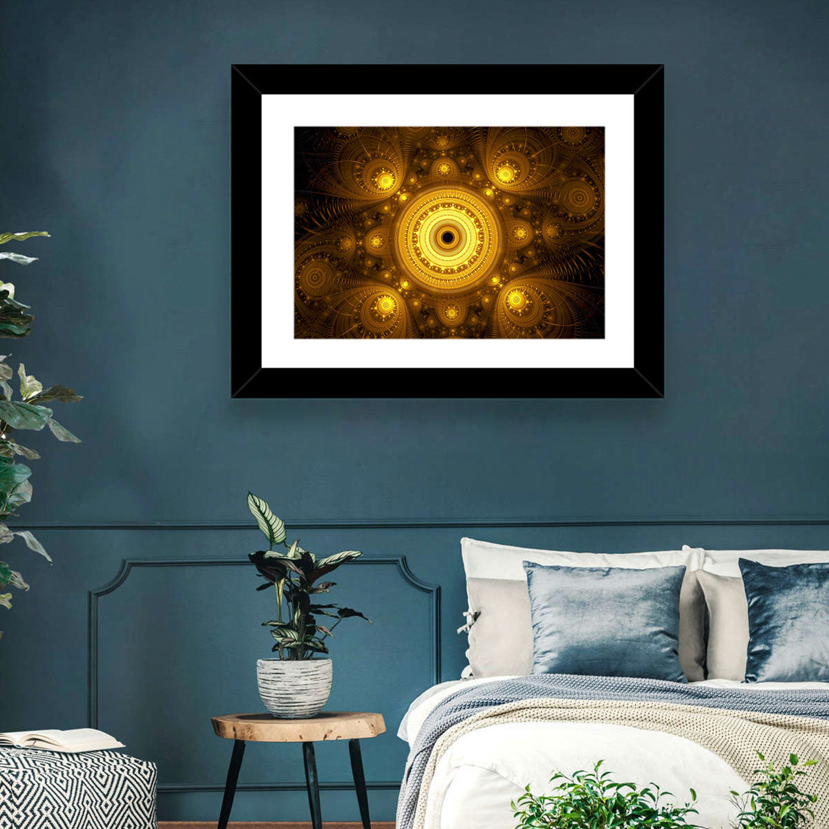Golden Fractal Mandala Wall Art in a room, landscape