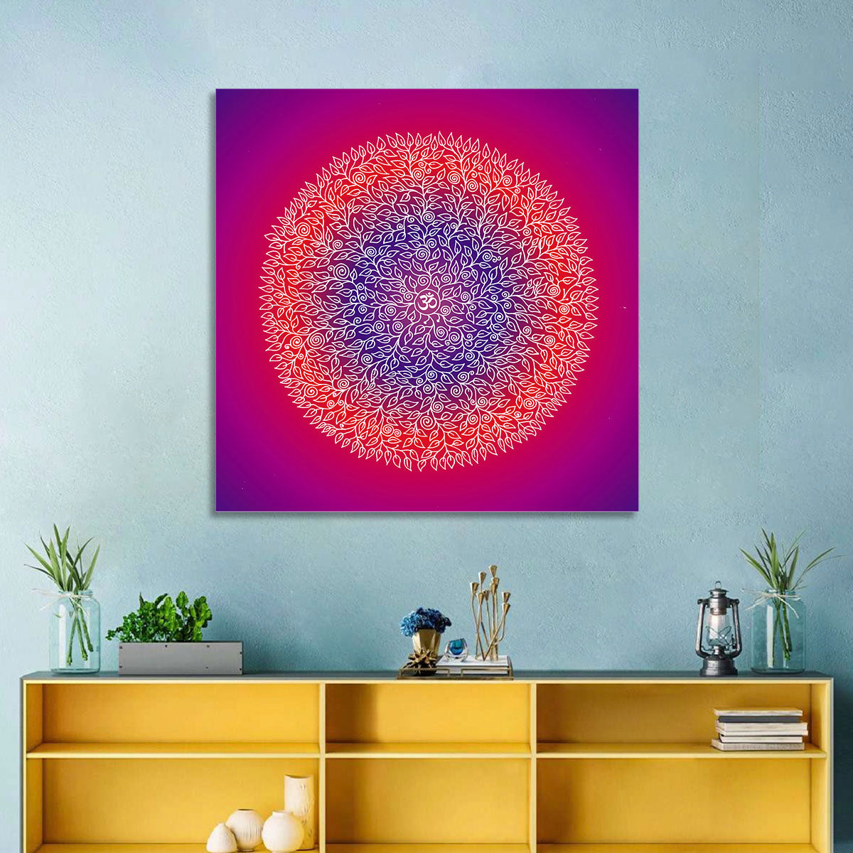 Botanical Om Mandala Wall Art in a room, square
