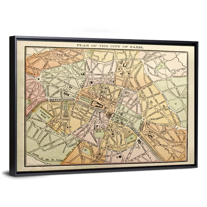 Plan of Paris Wall Art as a framed canvas