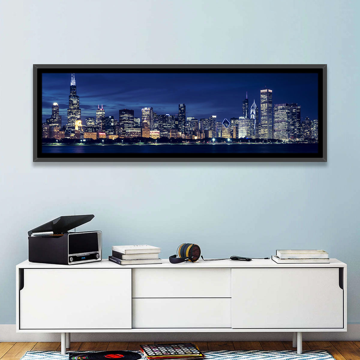 Chicago Night Skyline with Willis Tower Wall Art in a room, panoramic