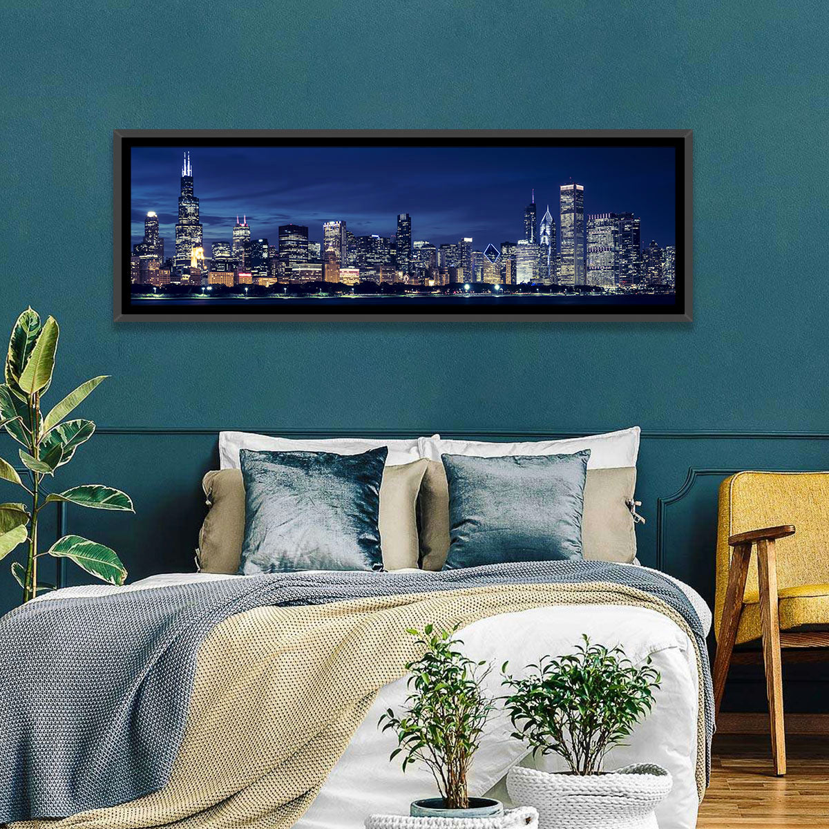 Chicago Night Skyline with Willis Tower Wall Art in a room, panoramic