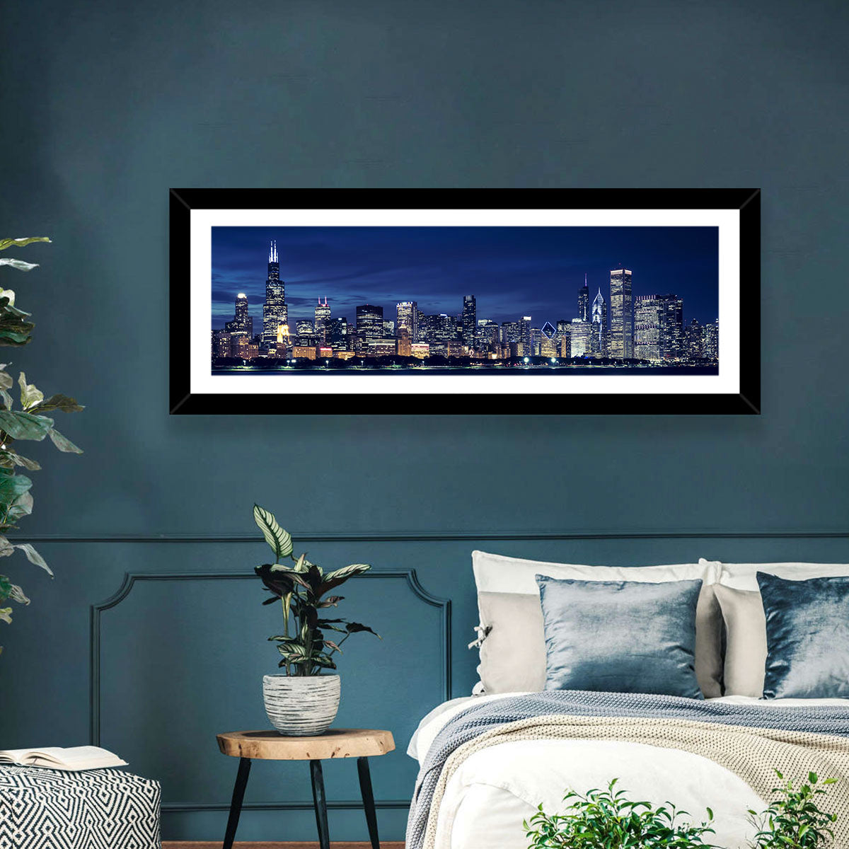 Chicago Night Skyline with Willis Tower Wall Art in a room, panoramic