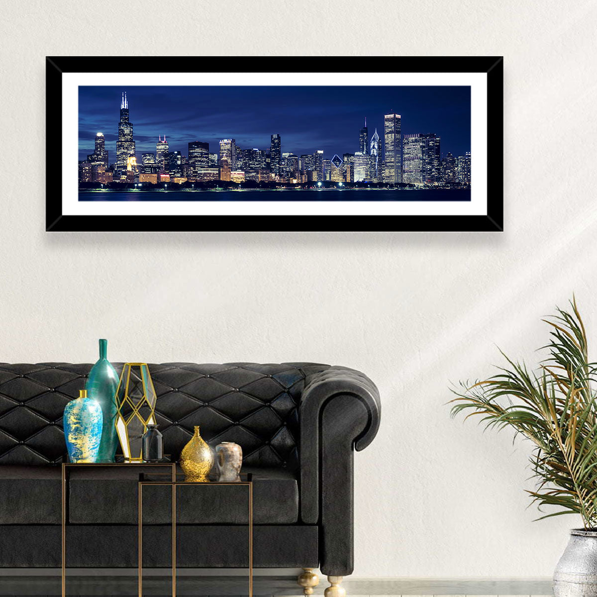 Chicago Night Skyline with Willis Tower Wall Art in a room, panoramic