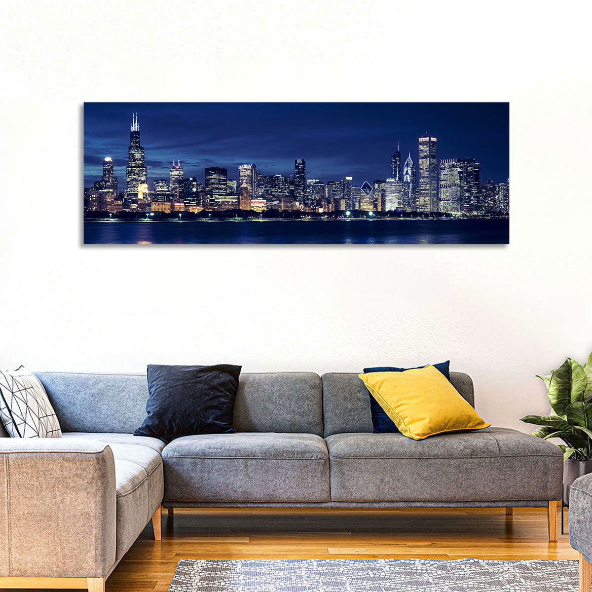 Chicago Night Skyline with Willis Tower Wall Art in a room, panoramic